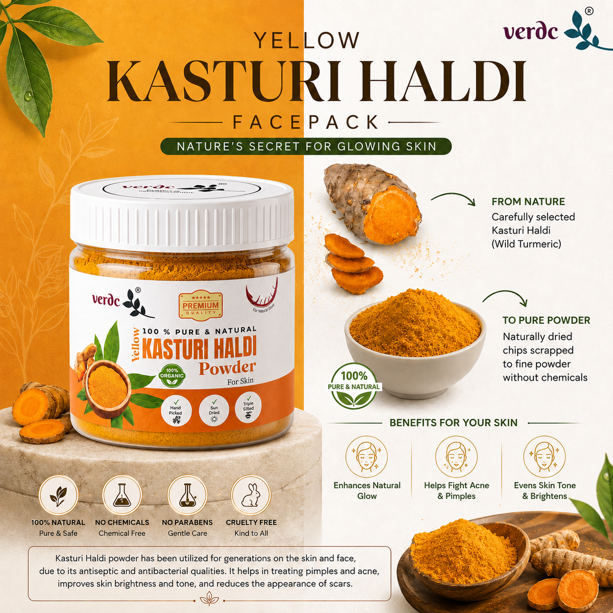 Pure & Natural Yellow Kasturi Haldi/Manjal Powder for Clear Skin