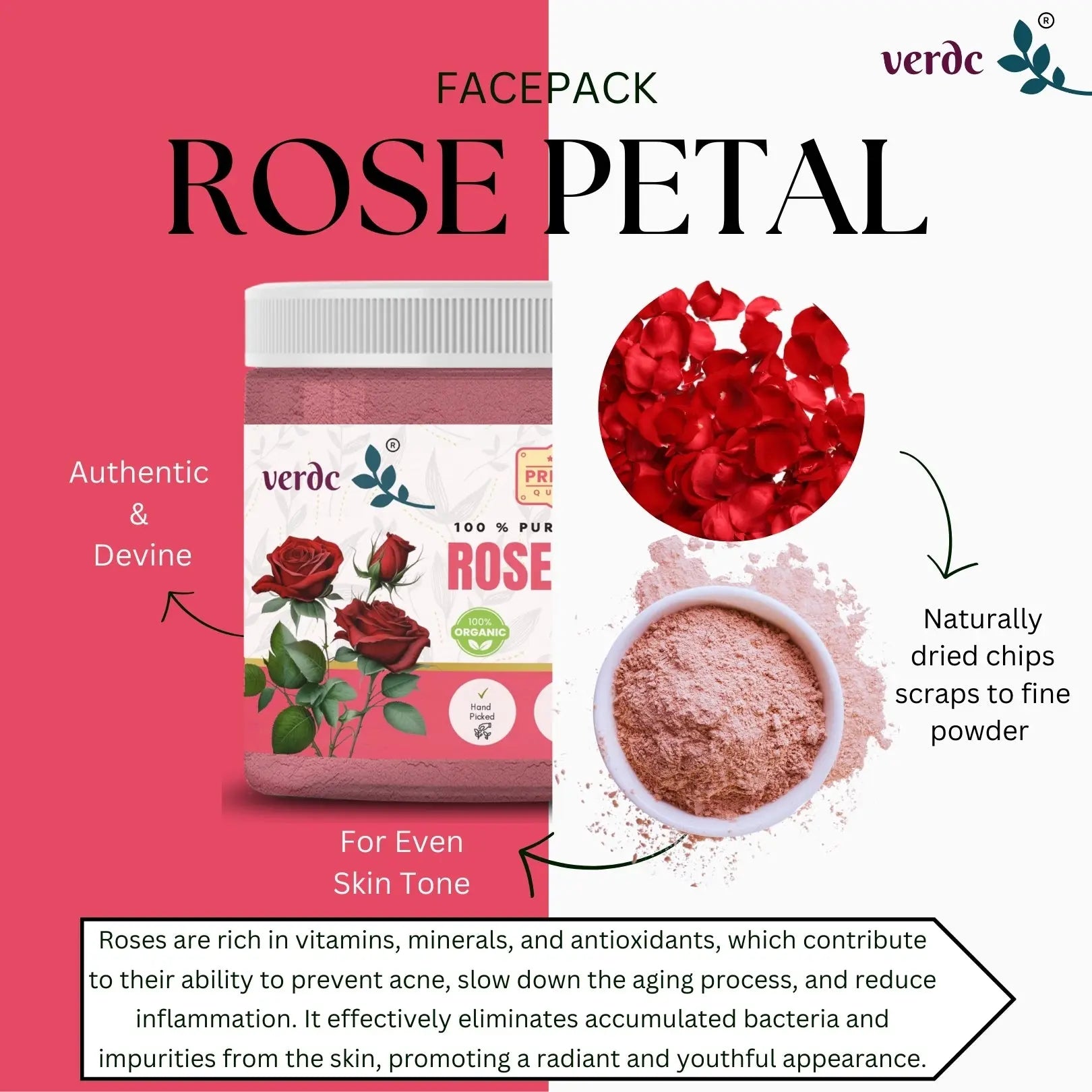 Pure & Natural Rose Petals Powder for Face/Hair/Lip -Glowing Skin