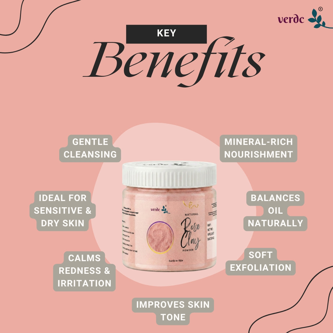 verdc - Natural Rose Clay Powder for Face, Body & Hair | Hydrating and Rejuvenating | Glowing Skin | (125 GM) verdc