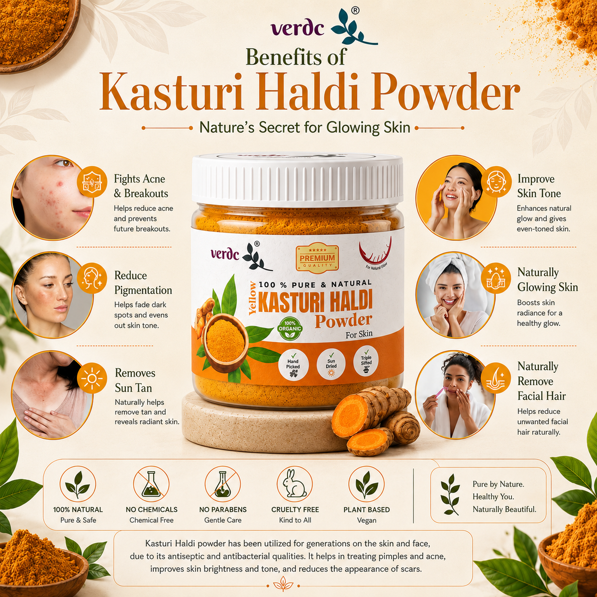 Pure & Natural Yellow Kasturi Haldi/Manjal Powder for Clear Skin