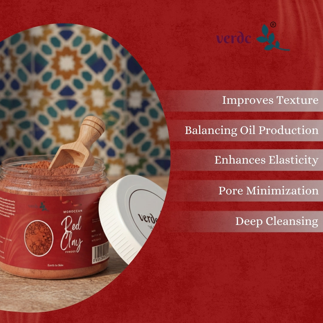 100% Pure Moroccan Red Clay Powder | 200GM | Raw Clay Facial Mask | Deeply Cleanses Pores & Purifies the Skin verdc