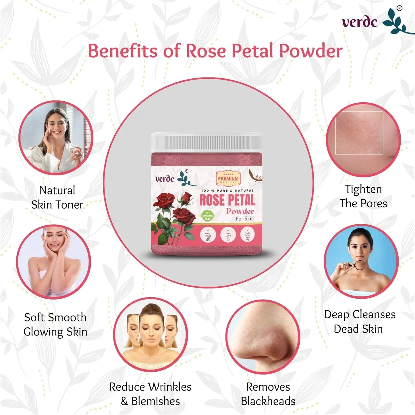 Pure & Natural Rose Petals Powder for Face/Hair/Lip -Glowing Skin