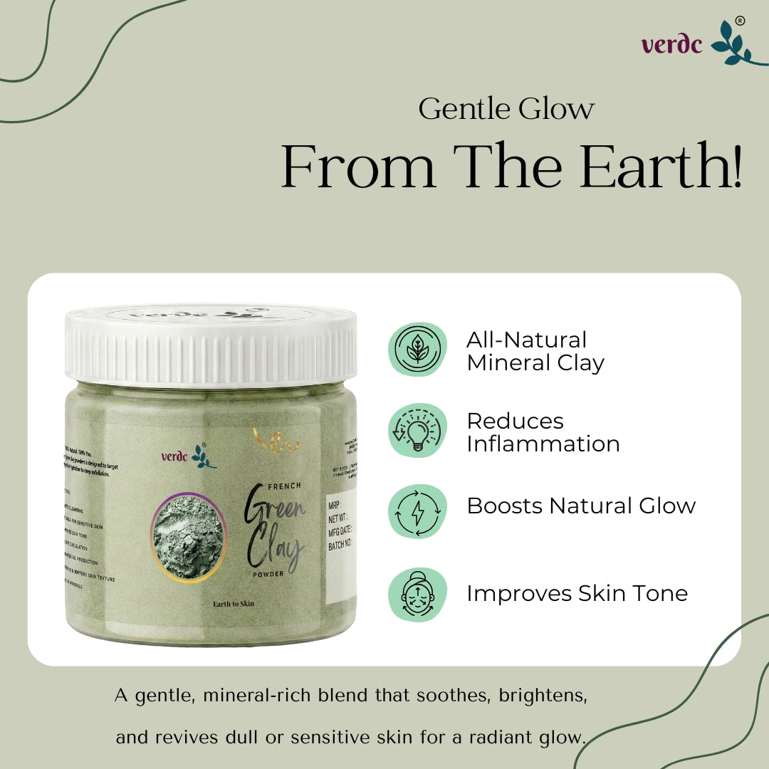 French Green Clay Powder | Acne & Blemish Support| Face Pack, Scrubs, & Cleansers (125 GM) verdc