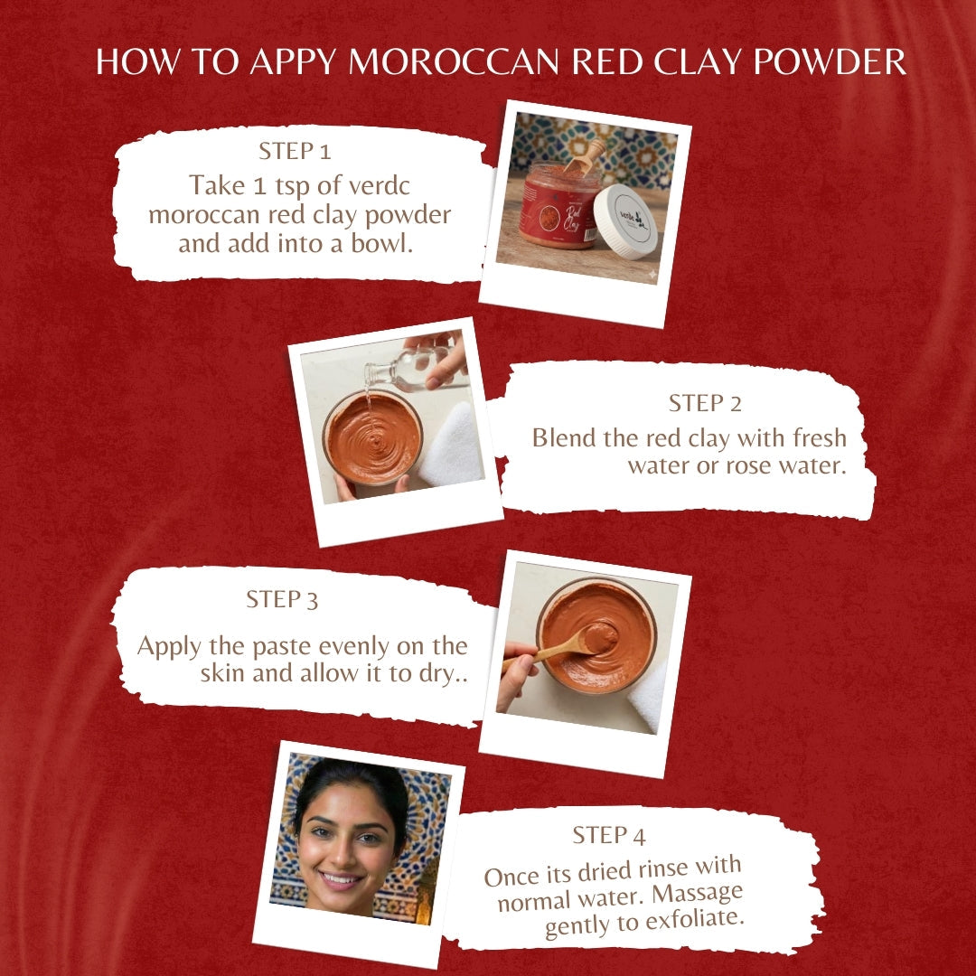 100% Pure Moroccan Red Clay Powder | 200GM | Raw Clay Facial Mask | Deeply Cleanses Pores & Purifies the Skin verdc
