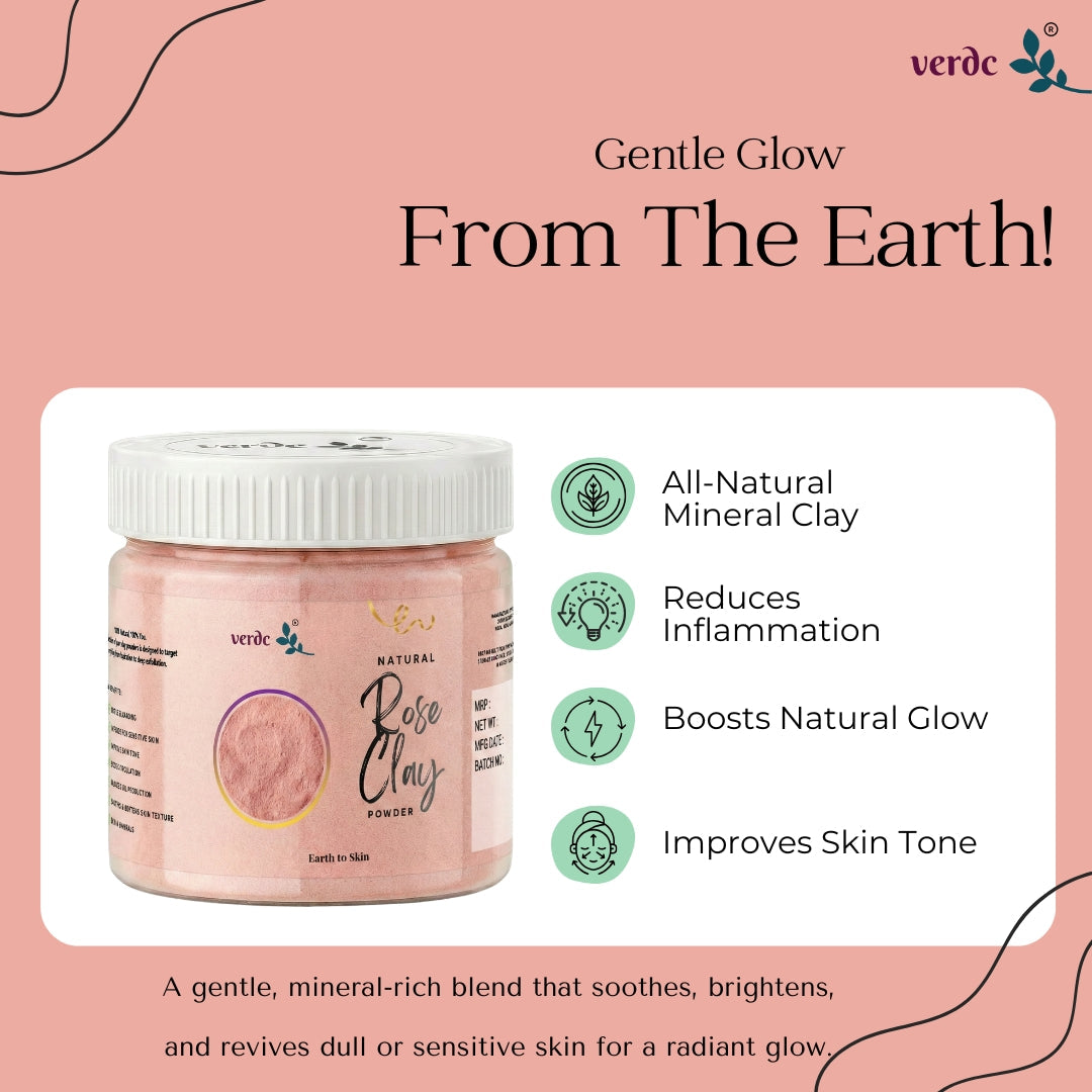 verdc - Natural Rose Clay Powder for Face, Body & Hair | Hydrating and Rejuvenating | Glowing Skin | (125 GM) verdc