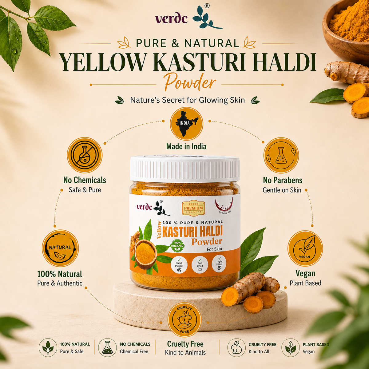 Pure & Natural Yellow Kasturi Haldi/Manjal Powder for Clear Skin