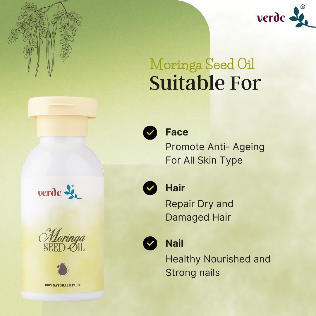 100% Pure Organic Moringa Seed Oil - Premium Moringa Oleifera Seeds Extract - Cold Pressed - Nourishes Skin & Hair, Natural Anti-ageing (100 ML) verdc