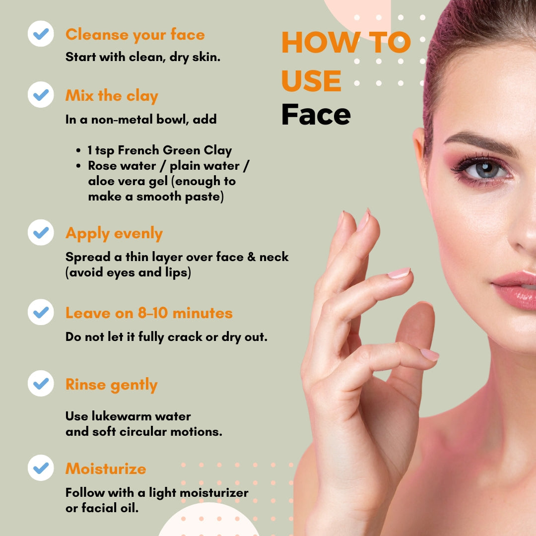 French Green Clay Powder | Acne & Blemish Support| Face Pack, Scrubs, & Cleansers (125 GM) verdc