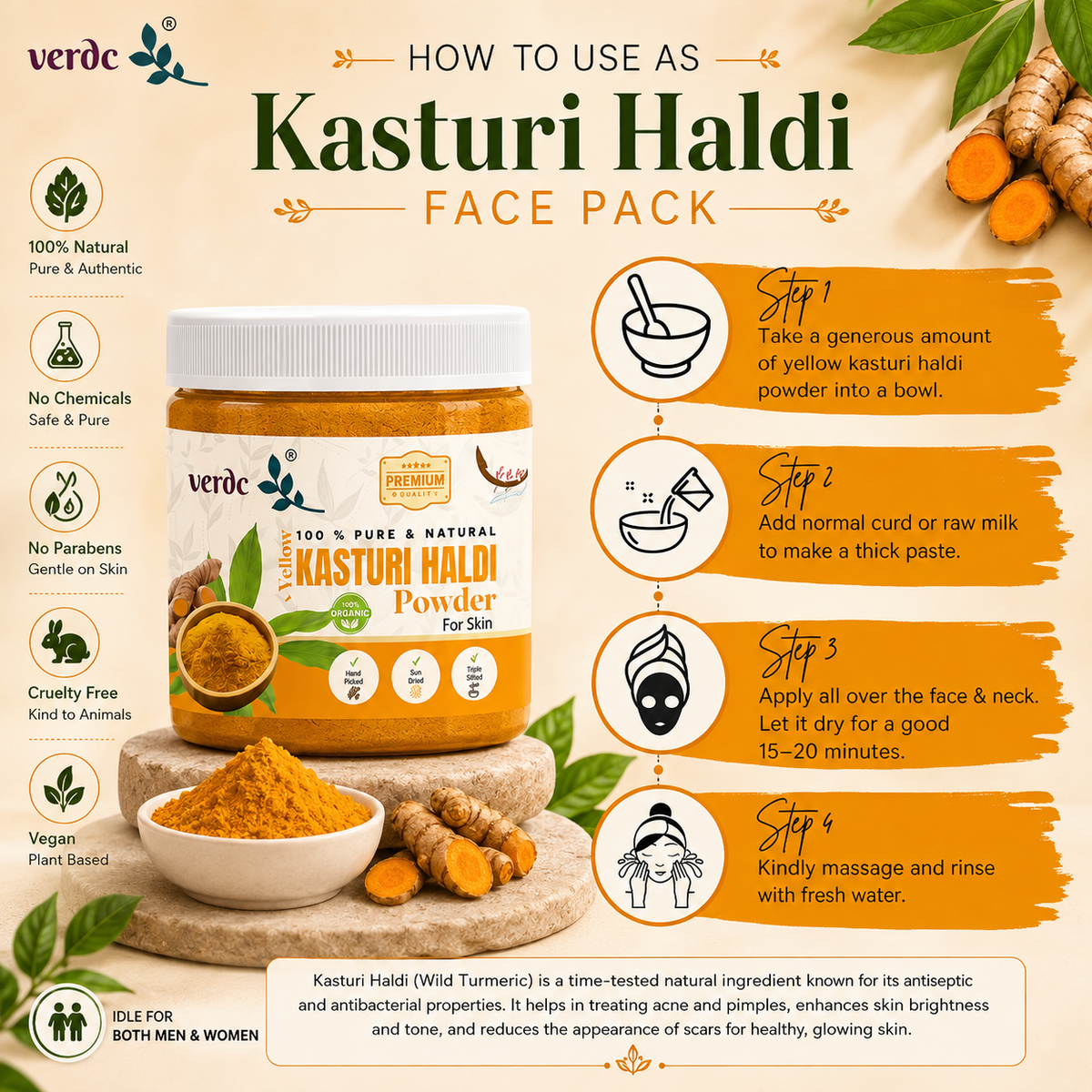 Pure & Natural Yellow Kasturi Haldi/Manjal Powder for Clear Skin