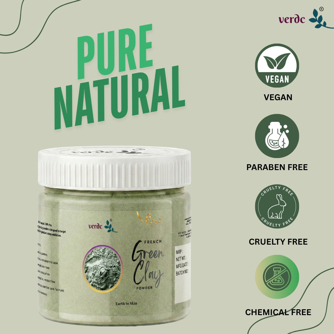 French Green Clay Powder | Acne & Blemish Support| Face Pack, Scrubs, & Cleansers (125 GM) verdc