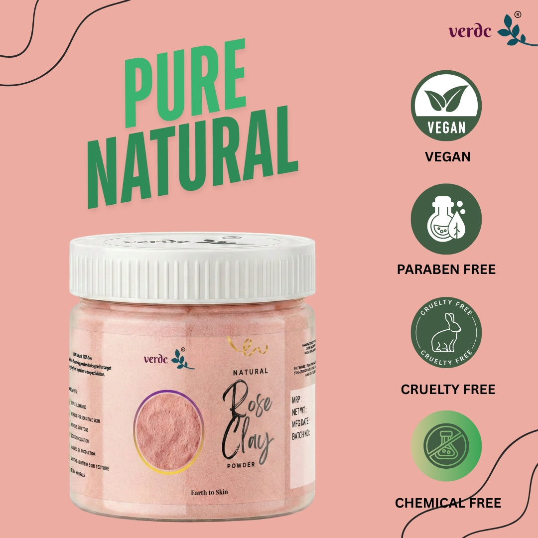 verdc - Natural Rose Clay Powder for Face, Body & Hair | Hydrating and Rejuvenating | Glowing Skin | (125 GM) verdc