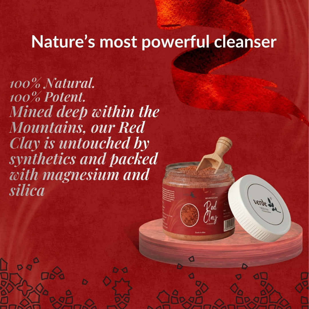 100% Pure Moroccan Red Clay Powder | 200GM | Raw Clay Facial Mask | Deeply Cleanses Pores & Purifies the Skin verdc
