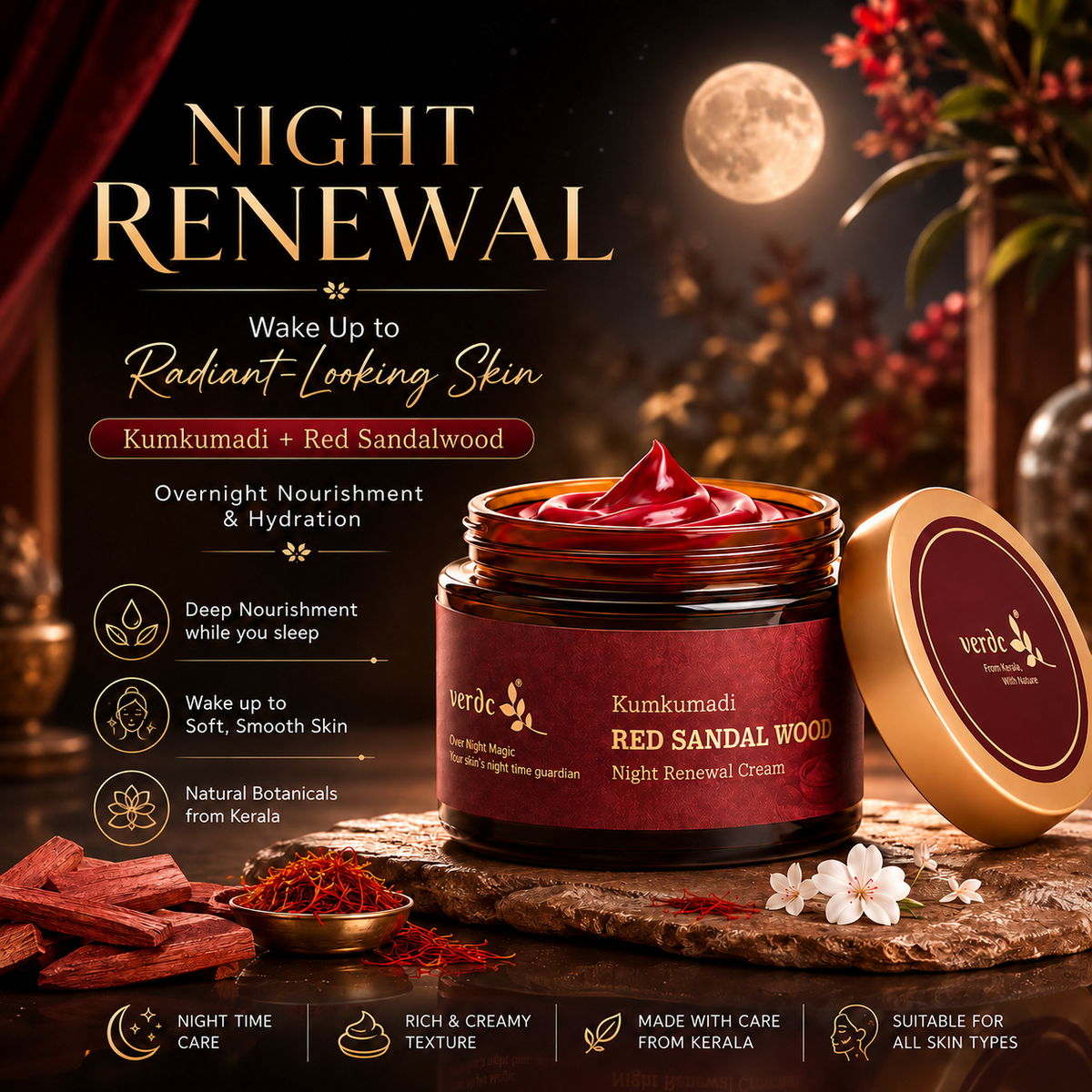 VERDC Kumkumadi Red Sandalwood Night Renewal Cream for nighttime skincare