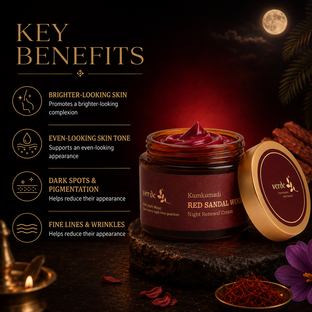 VERDC Kumkumadi Red Sandalwood Night Cream key benefits