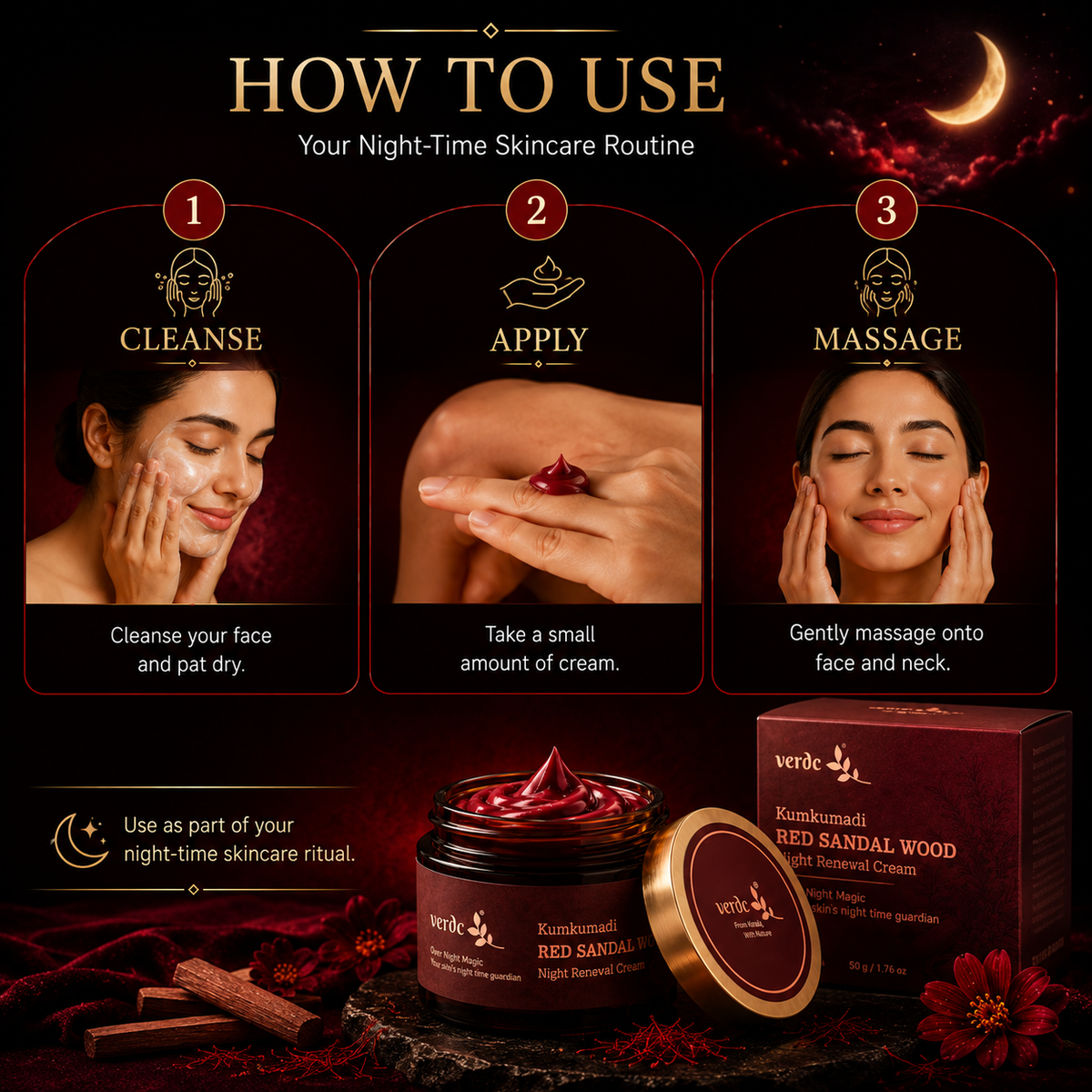 How to use VERDC Kumkumadi Red Sandalwood Night Renewal Cream
