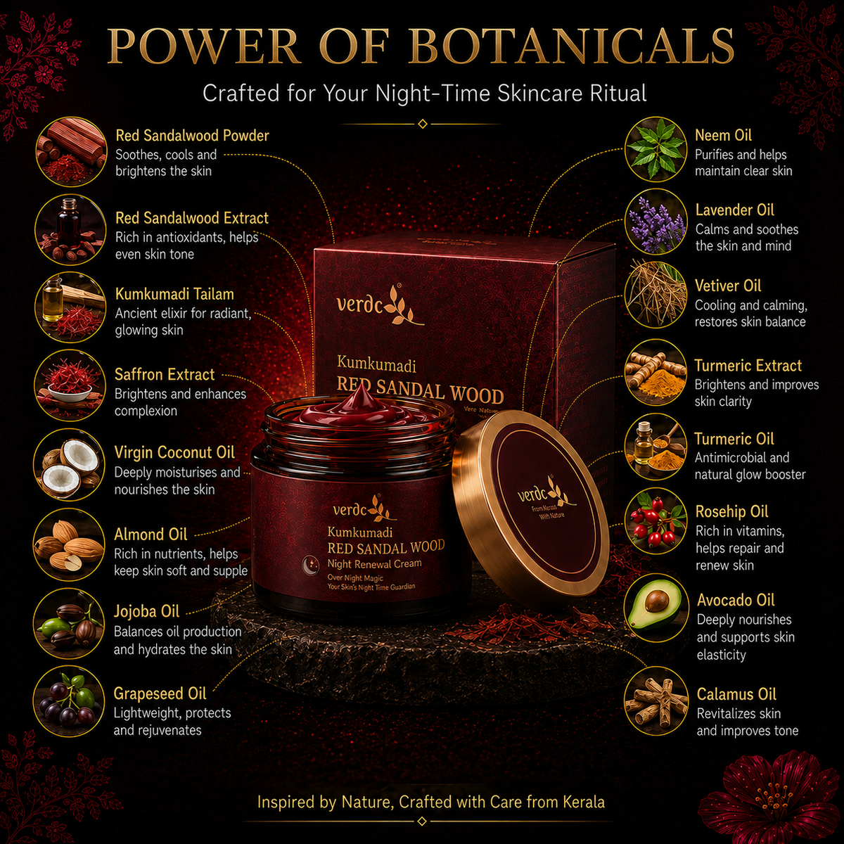 VERDC Kumkumadi Red Sandalwood Night Cream botanical ingredients