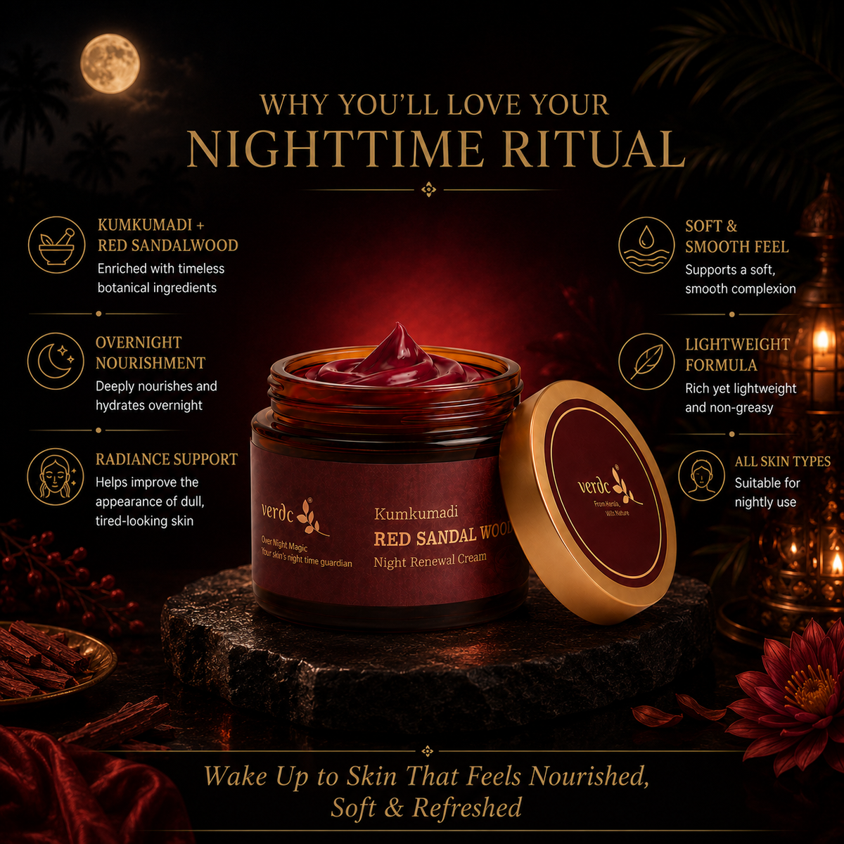 VERDC Kumkumadi Red Sandalwood Night Cream nighttime skincare ritual