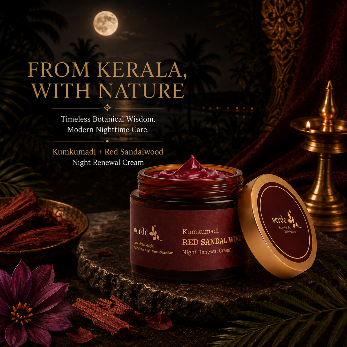 VERDC Kumkumadi Red Sandalwood Night Cream before and after skincare visual